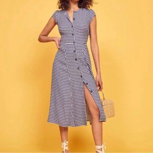 Reformation Button Front Midi Dress Blue Check - Size 8